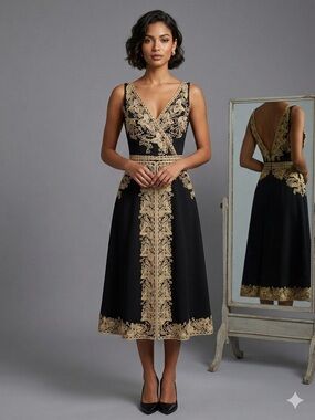 Vintage Anthropologie Beth Bowley Passementerie Gold Embroidered Dress 4